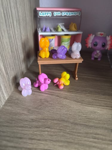 Customer's colorful Happy Ballon Dog figures from the mini blind box series displayed on a shelf.