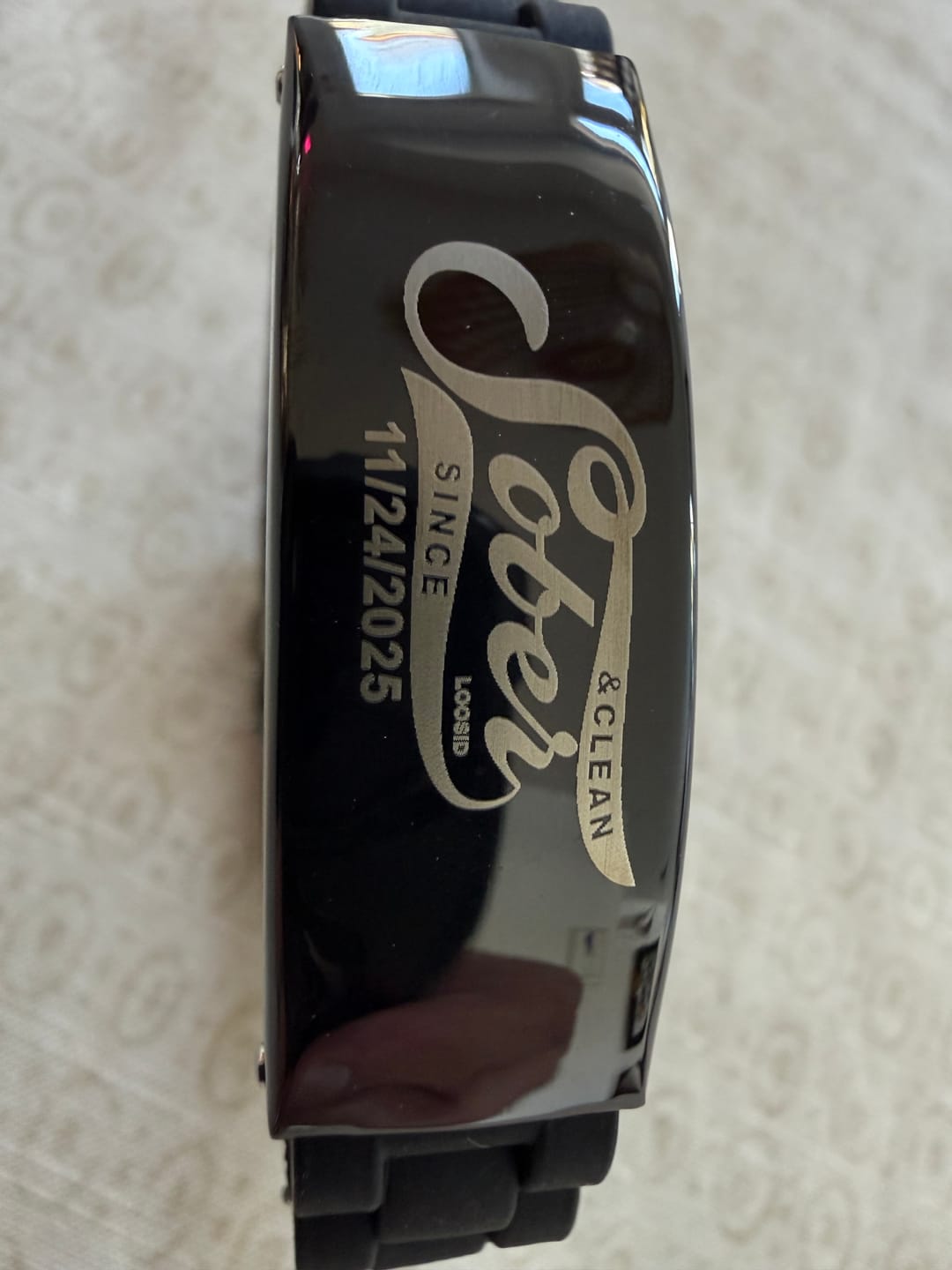 Customer photo review of Sober Jewelry | Custom Metal Engraved Sober Date Bracelet | Recovery Gift