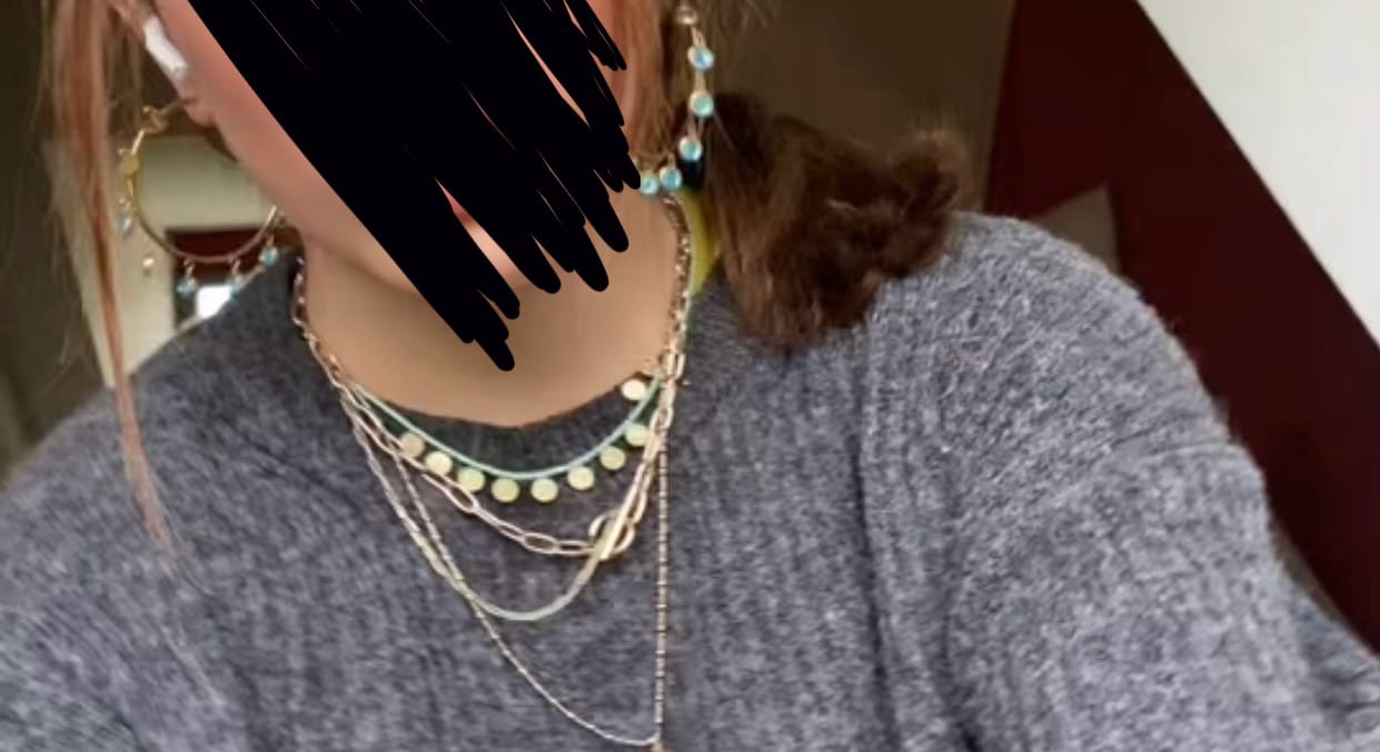 Customer photo review of Faiza Droplet Statement Hoops Turquoise & Gold