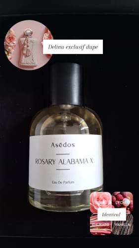 Customer's Rosary Alabama Exclusif perfume bottle with graphics comparing it to another fragrance and calling it an identical dupe.