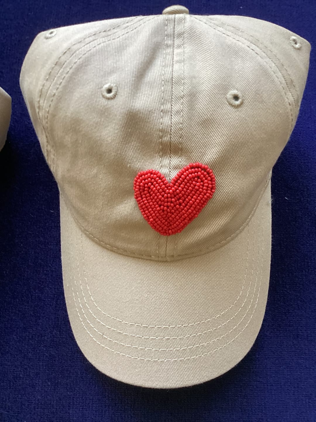 Customer photo review of Beaded Hat - Khaki with Red Heart