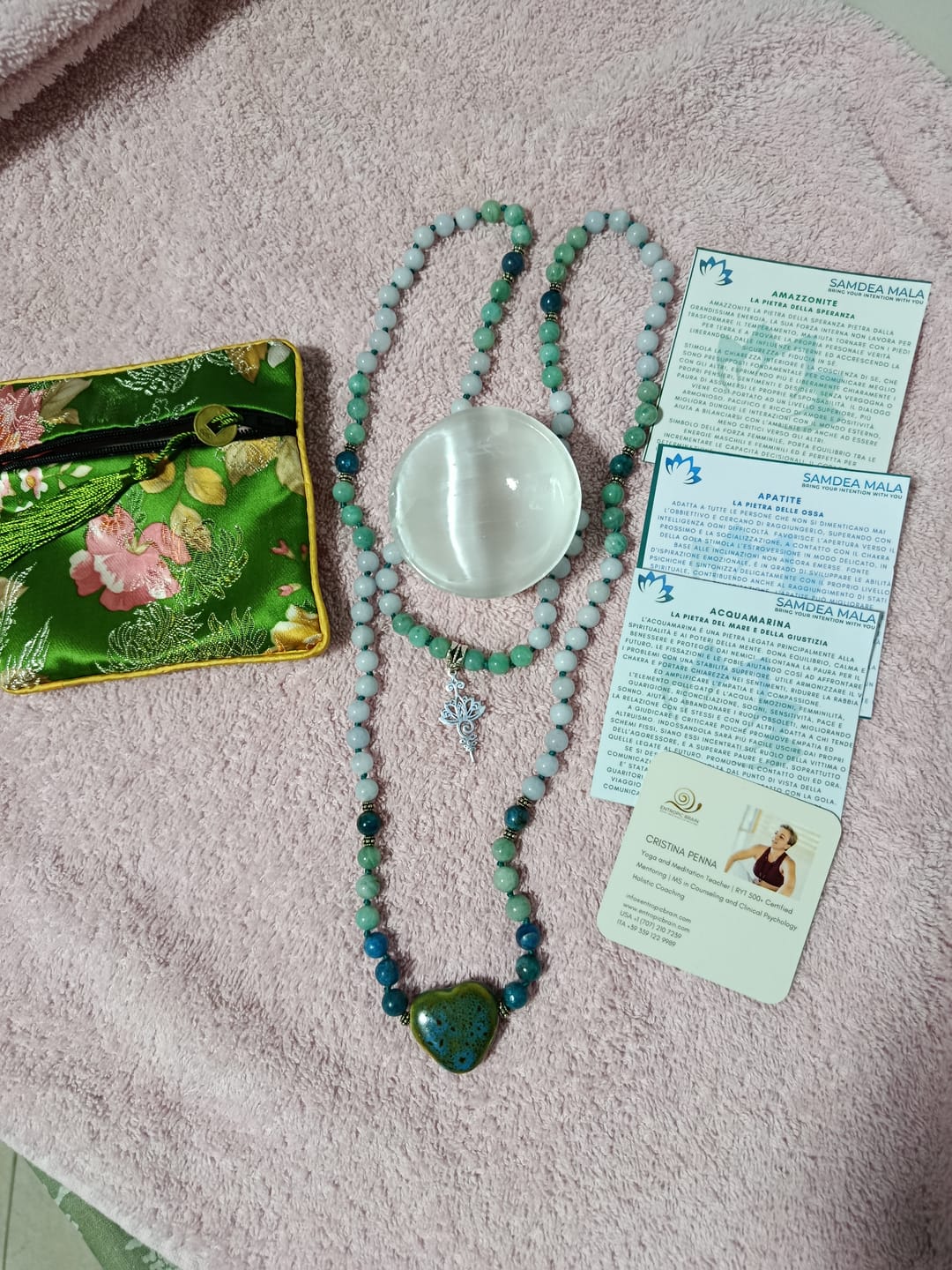 Customer photo review of Mala or Short Mala in Apatite, Amazonite, and Aquamarine – Throat Chakra Healing and Compassionate Communication