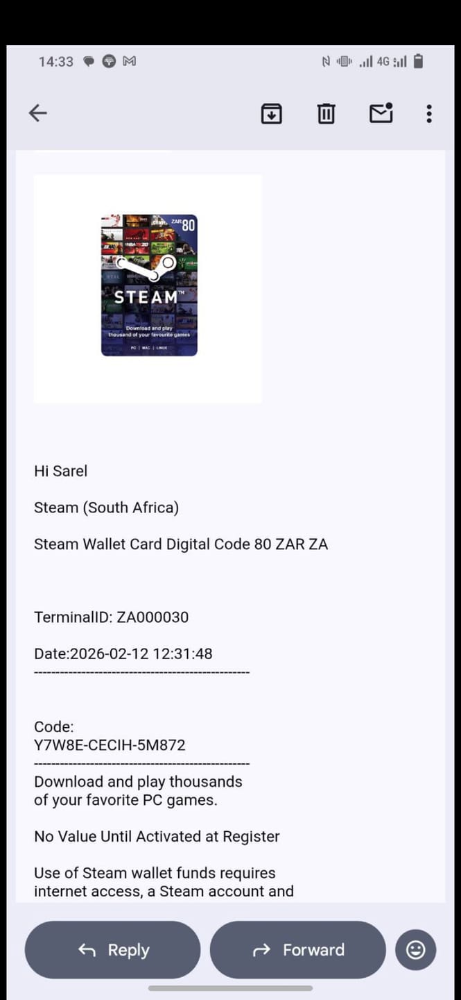 Customer photo review of Steam ZAR 80 Gift Card. Digital code will be emailed