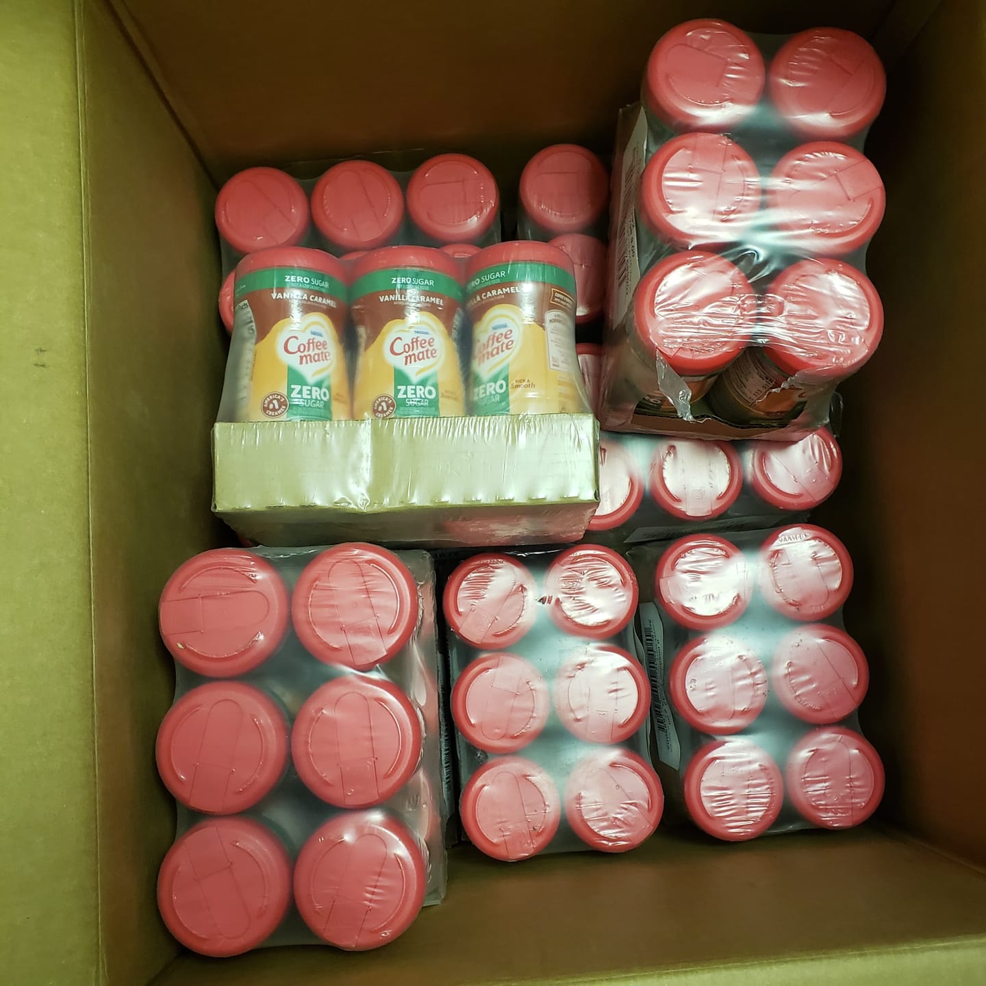 Customer photo review of Nestle Coffee Mate Zero Sugar Vanilla Caramel 10.2 Oz. (60 Pcs Lot)