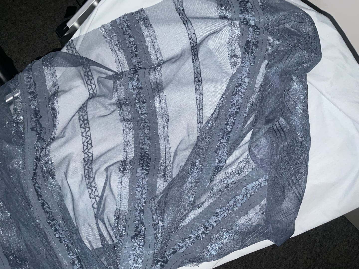 Customer photo review of Slate Blue Sequin Ruffle Detail Mesh Fabric Stretch