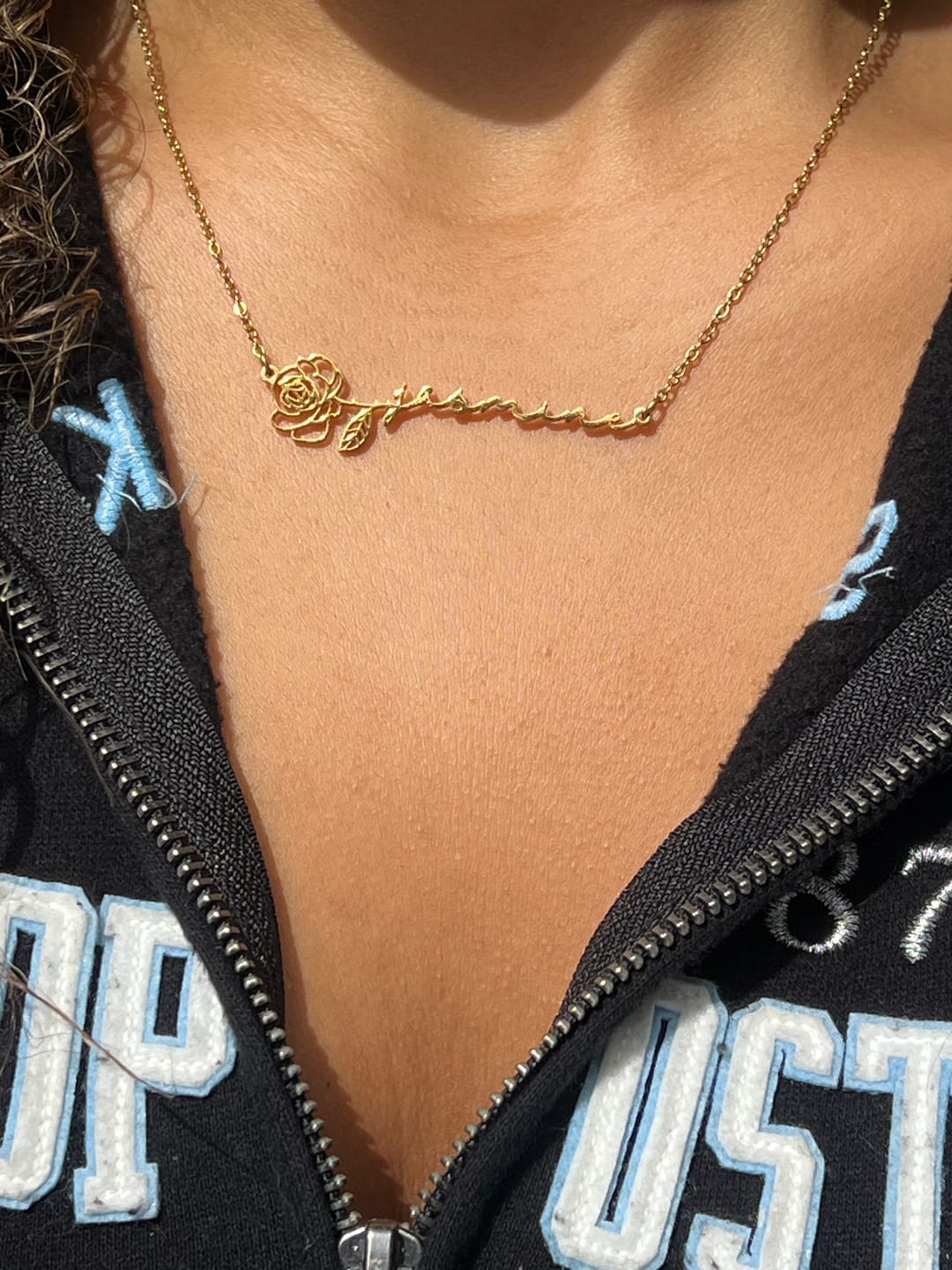 Customer photo review of Birth Flower Horizontal Name Necklace