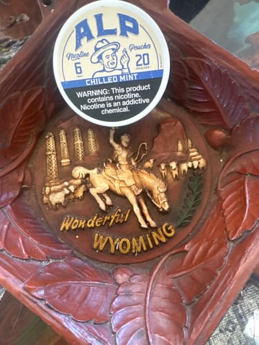 Customer's can of ALP Chilled Mint Nicotine Pouches resting on a decorative carved wooden "Wonderful Wyoming" souvenir.