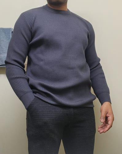 Customer photo review of Striped Crew Neck Textured Knit Sweater