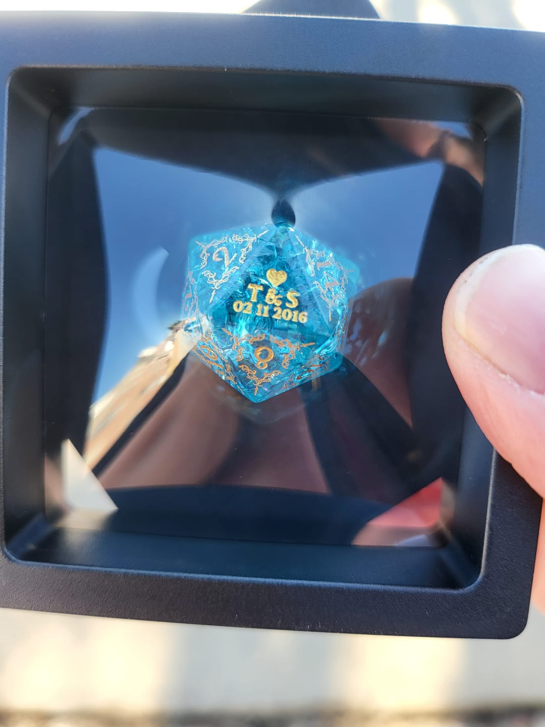 Customer photo review of Custom Anniversary D20 Dice – Personalized D&D Gift