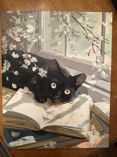 Customer's completed 'The story keeper' paint-by-number kit showing a black cat resting on a book by a window.