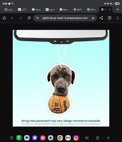 Reviewer's custom air freshener shaped like a dog's head on a basketball, hanging from a rearview mirror.