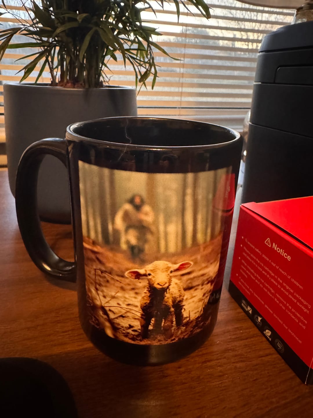 Customer photo review of Jesus Running After a Lost Lamb, Jesus and Lamb Picture, Coffee Mug (Without Text)