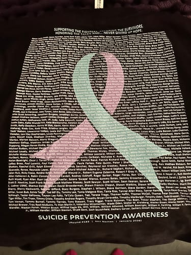 Customer photo review of Suicide Prevention - Round 182 (Unisex V-Neck Tee | Bella + Canvas)