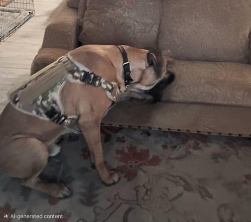 Customer's dog wearing the camouflage Team K9 Tactical Dog Harness while resting its head on a couch.