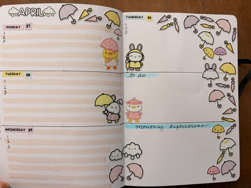 Customer's April bullet journal spread decorated with cute Rainy Day Bunnies stickers.
