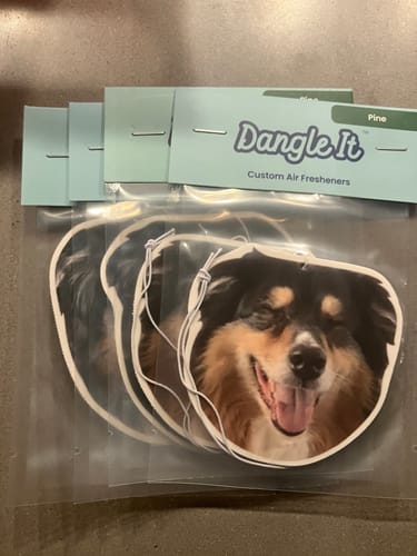 Customer's set of custom air fresheners in their packaging, each featuring a smiling dog's face.