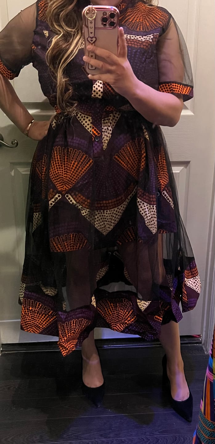 Customer photo review of VALENTINA AFRICAN PRINT BUTTON MESH DRESS [PURPLE]
