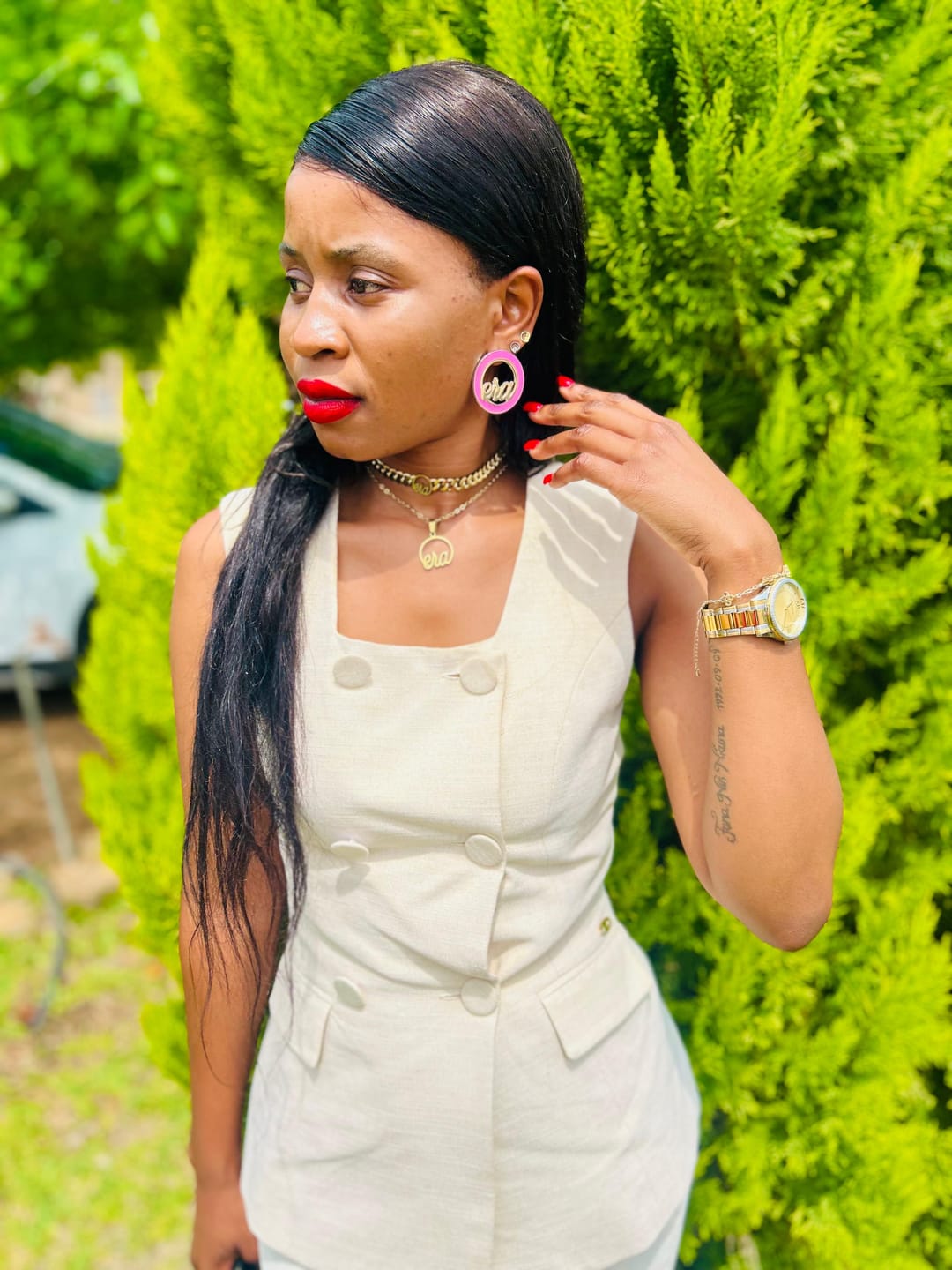 Customer photo review of Gold Pearl Square Drop Earring