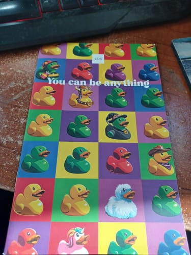 Reviewer's May 2025 Booklet, showing the colorful cover printed with a grid of many different themed rubber ducks.