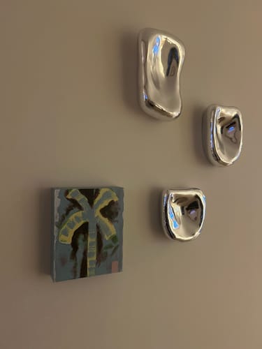 Recensent toont het HKliving Pocket Exhibit Palmate-schilderijtje aan de muur, naast drie andere zilverkleurige decoratieve objecten.