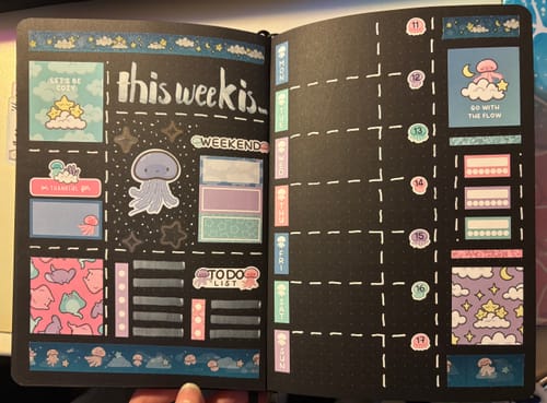 Customer's weekly planner spread on black pages decorated with the cute and colorful Dreamy Jellies sticker kit.