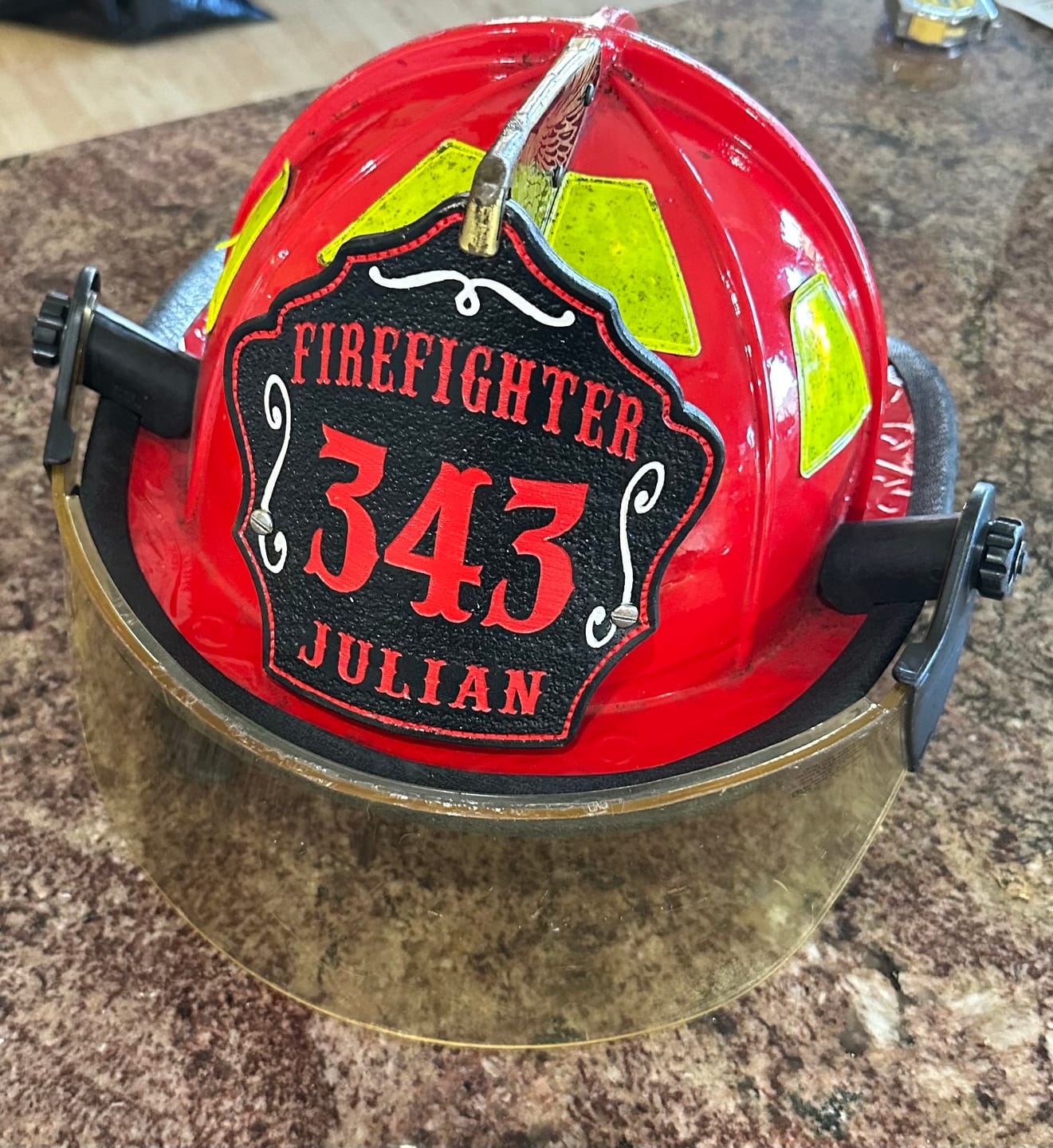 Customer photo review of Bare Bones Leather Firefighter Helmet Shield