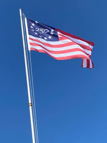 Customer's photo of a special American flag with '250' on it, flying on a pole against a clear sky.