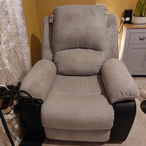 Customer photo review of Bloomsbury Riser Recliner with Heat and Massage - Grey Corduroy Fabric / Black Air Leather