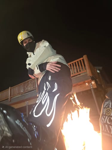 Customer wearing the baggy black snow pants, showing the reflective flame graphic at night by a fire.