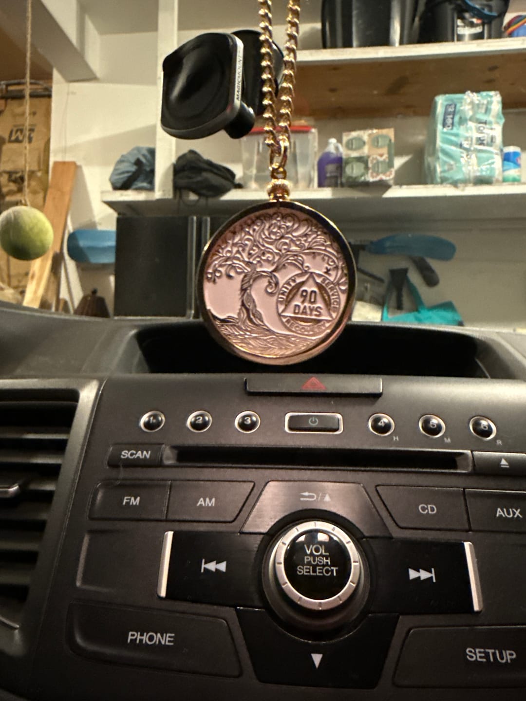 Customer photo review of 90 Days Sobriety Mint Twisted Tree of Life Gold Plated AA Recovery Medallion - 3 Months Chip/Coin - White