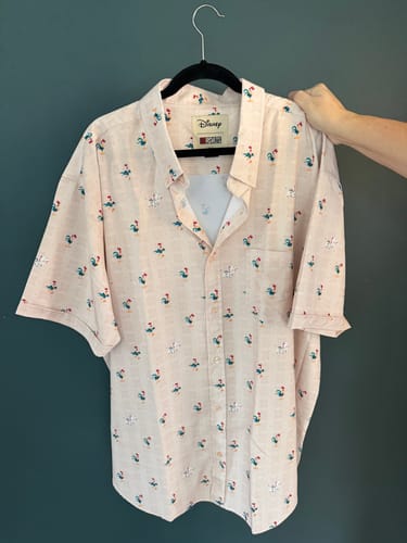 Customer holding their light-colored Disney's Moana "Heihei and Pua" shirt on a hanger against a dark wall.