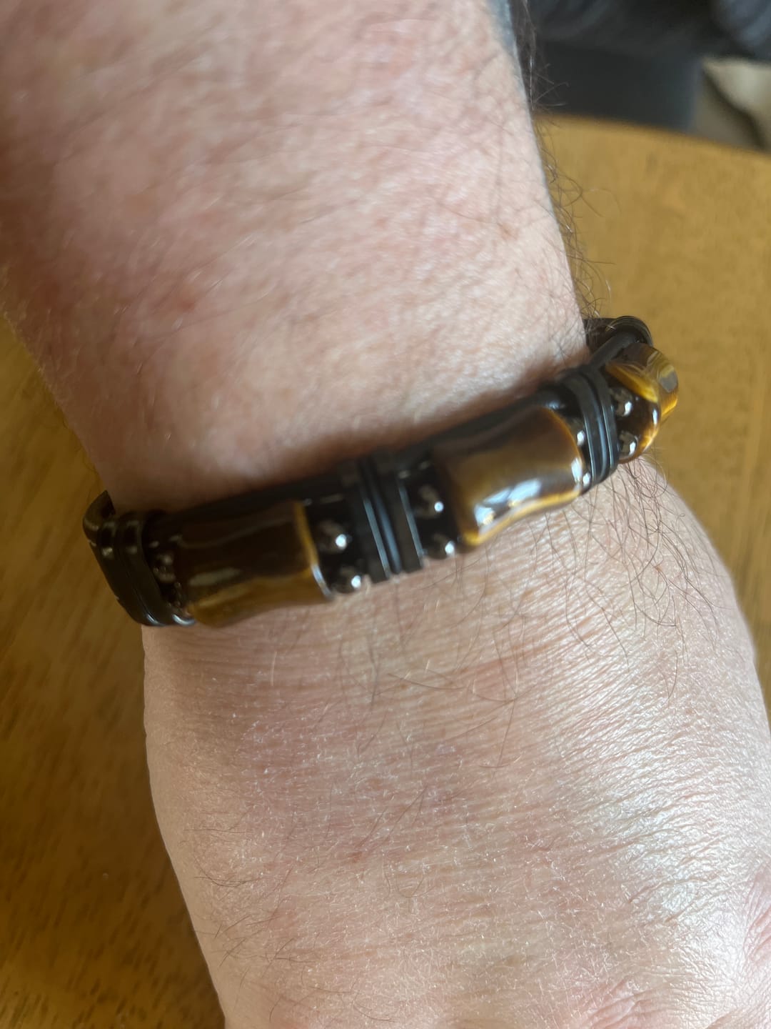 Customer photo review of Buddha Stones Tiger Eye Three Bamboo Stone Protection Power Leather Bracelet