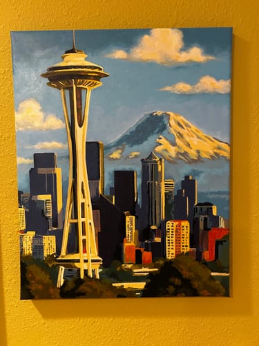 Customer's completed Custom Landscapes painting featuring the Space Needle and a sunlit Mt. Rainier in the background.