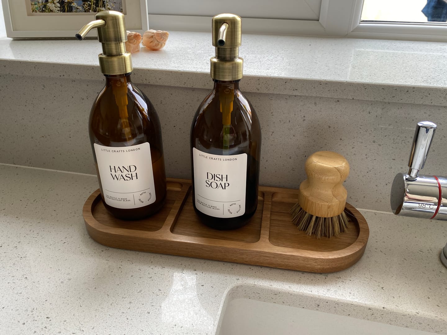 Customer photo review of Set of 2 Amber Glass Bottles 500 ML Long tray & Dish Brush
