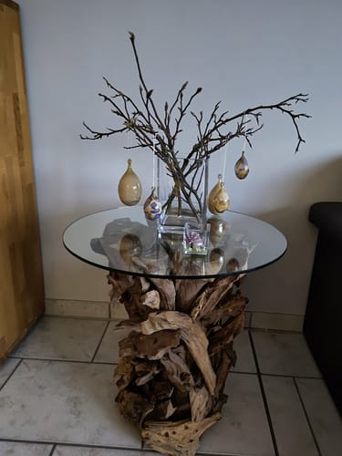 Rezensent zeigt den REGINA Wurzeltisch mit Glasplatte, der mit einer Vase und Zweigen dekoriert ist.