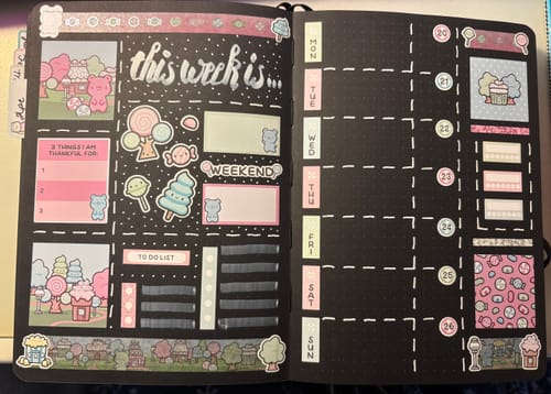 Reviewer's weekly planner spread on black pages, decorated with the cute Sweets Town Hobonichi Weeks Kit.