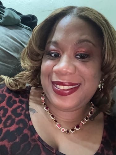 Customer photo review of Cherry Red Solstice Necklace