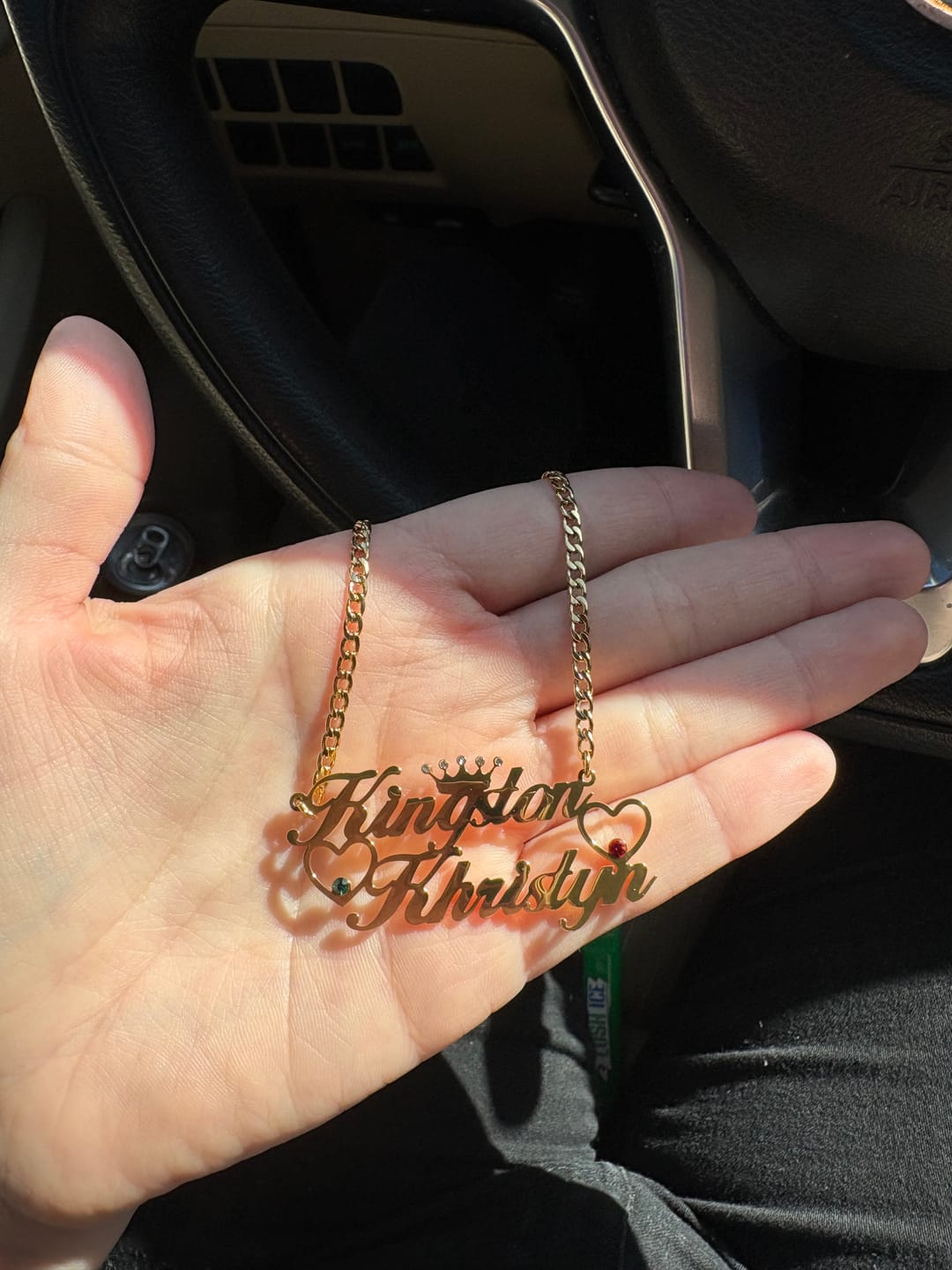Customer photo review of Double Heart Name Necklace w/ Cuban Chain