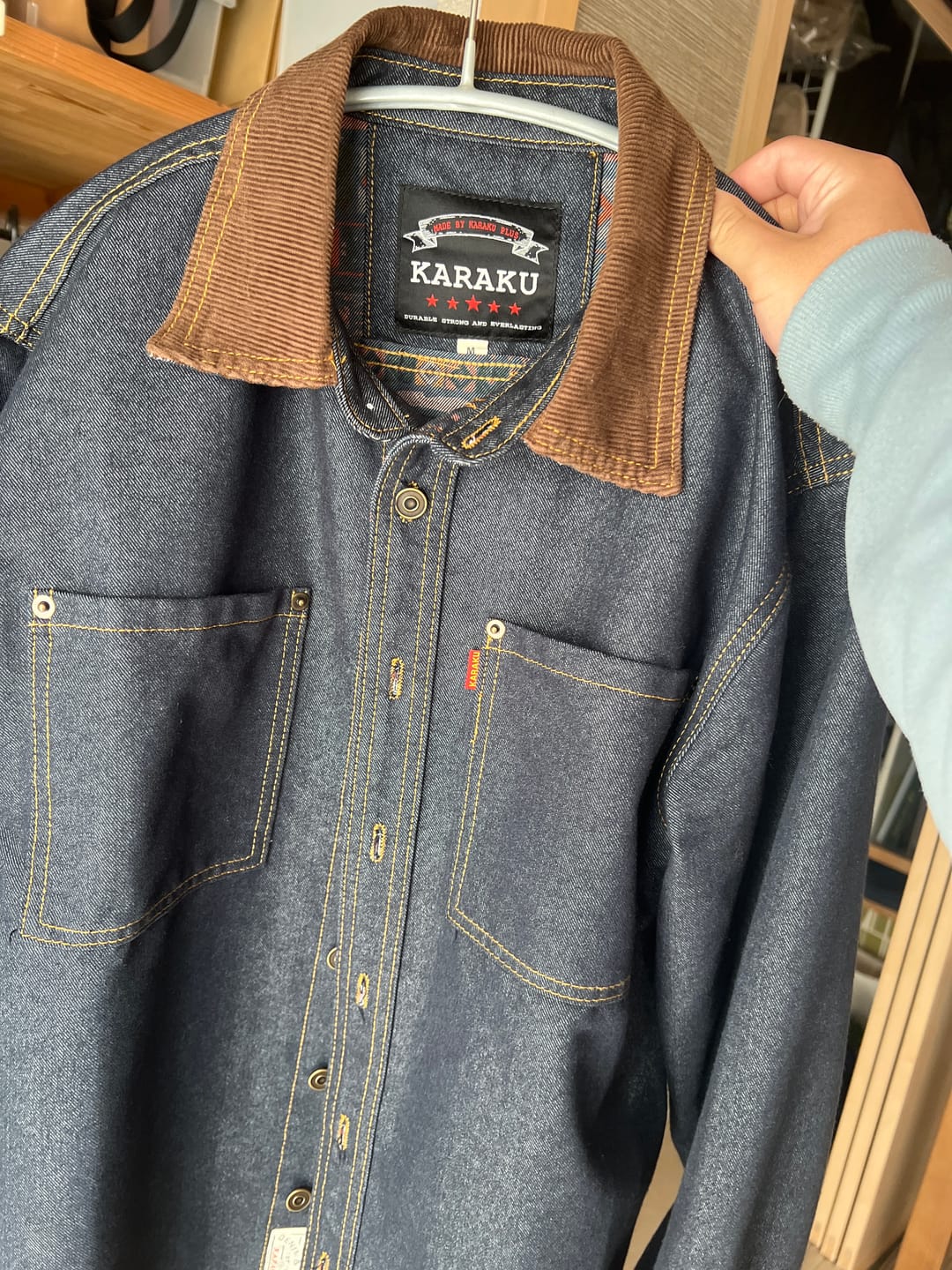 Customer photo review of 襟コーデュロイ　裏エスニック柄プリントデニムワークシャツ