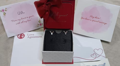 Customer's Rose Gold Deer Sparkle Earrings displayed in their open box with the GIVA jewellery kit packaging.