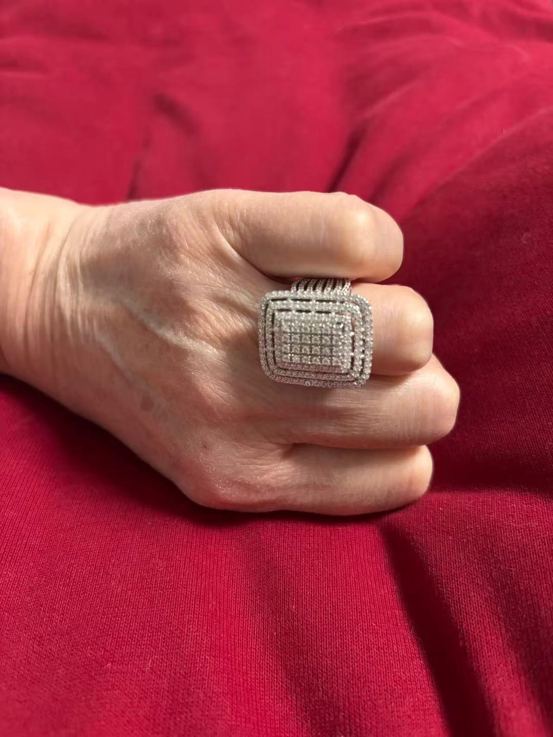 Customer photo review of Chunky Square Radiant Cluster • Bold 5ct Look Double Halo Multi-Row Iced Out Engagement Ring In Sterling Silver