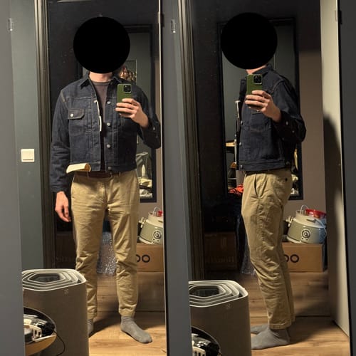 Customer's split-view image showing the front and side fit of the dark LOT 817XX Type 2 Denim Jacket.