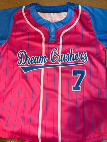 Customer photo review of Custom Pink Powder Blue-White Stripe Fashion Raglan Sleeves Authentic Two-Button Softball Jersey