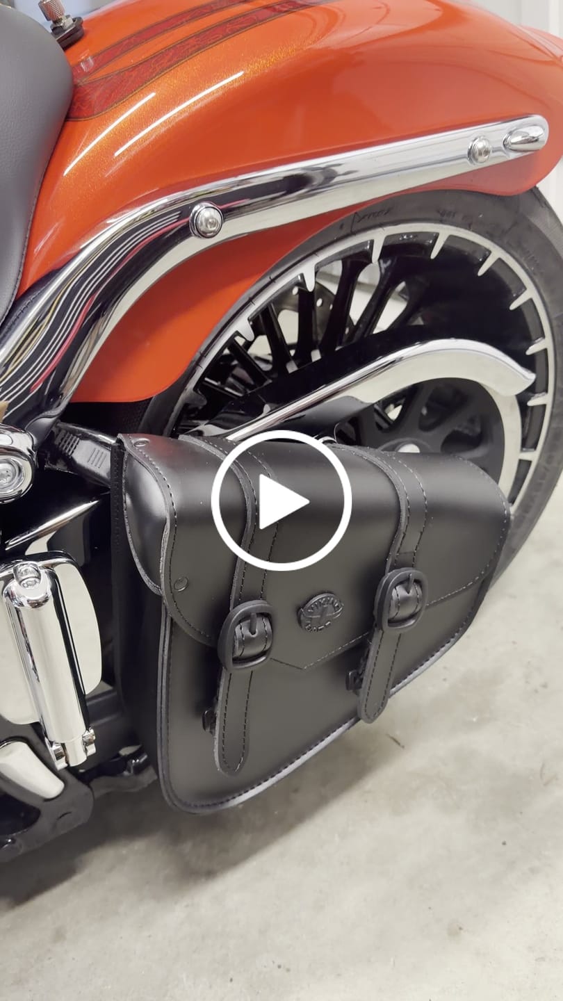 Customer video review of 3L - Dark Age Plain Leather Motorcycle Swing arm Bag For Harley Softail