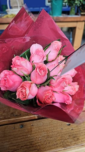 Customer's view of the Pink Perfection Rose Bouquet with unopened pink buds in red wrapping.