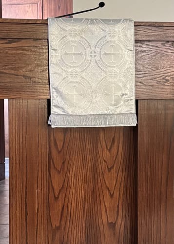 Customer photo review of Silver Metallic Church Cross Brocade fabric