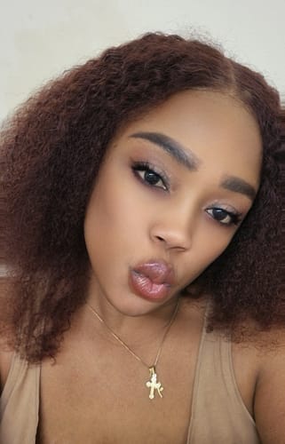 Customer photo review of CurlyMe Pre-Plucked Wear Go Glueless Reddish Brown Kinky Curly Hair Pre-cut Lace