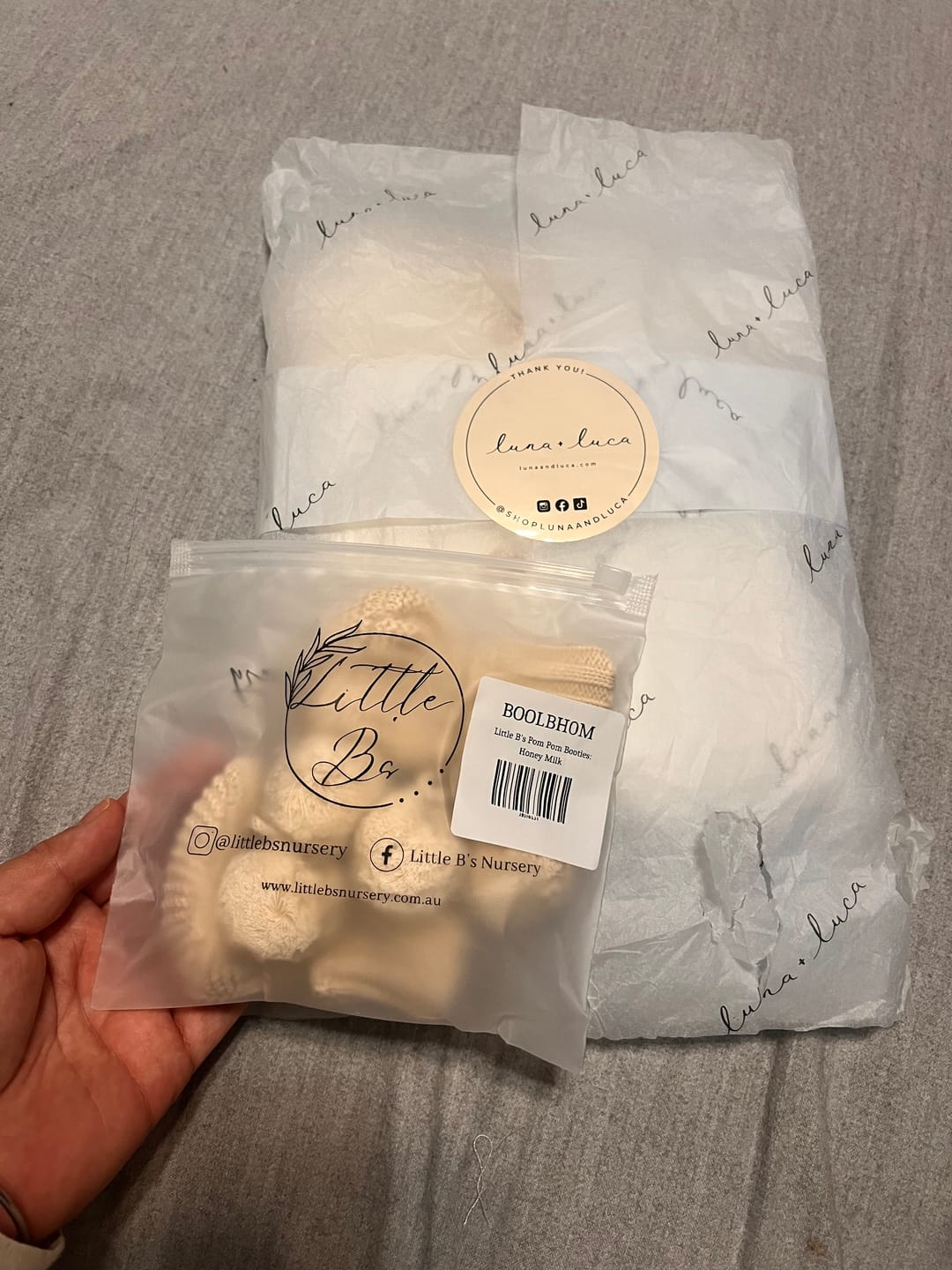 Customer photo review of Little B's Pom Booties - Honey Milk