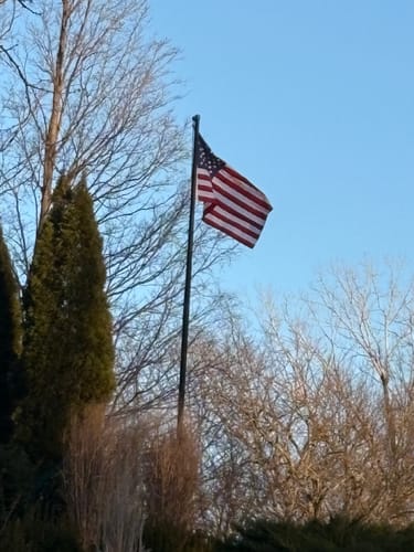 Customer's America 250™ Betsy Ross Flag waving on a flagpole, showing red stripes that appear faded.
