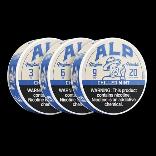 Reviewer shows three tins of ALP Chilled Mint Nicotine Pouches in varying nicotine strengths against a black background.